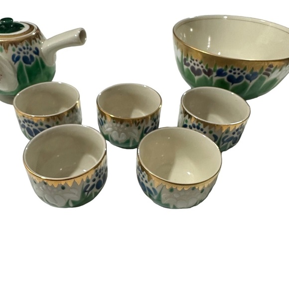 Vtg Kutani Tea Set of 7 Shobu Yunomi Yaki Gold Gilt Green Blue Tea Pot Cups Bowl - Picture 3 of 16